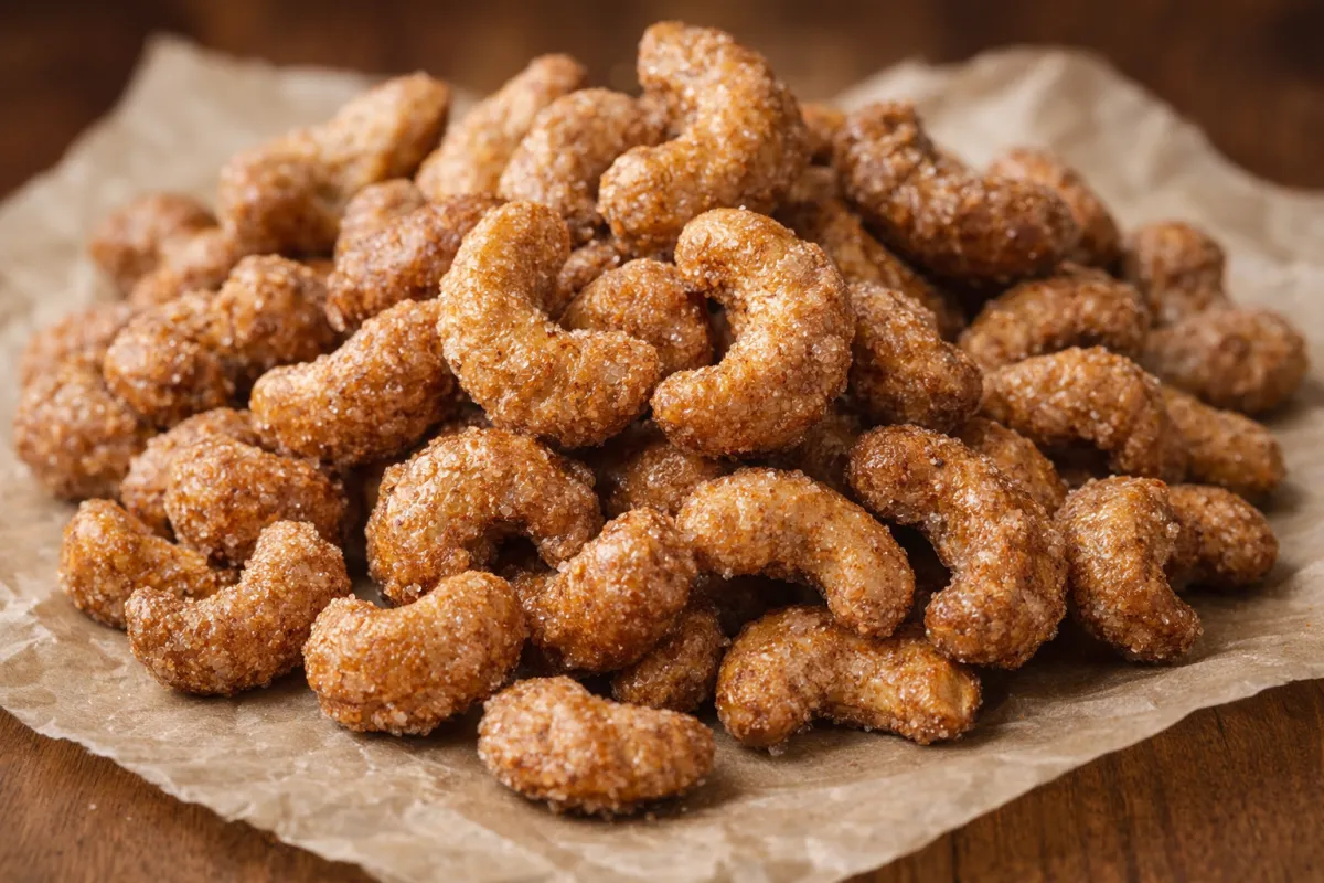 a pink bowl filled with cashews on a yellow background