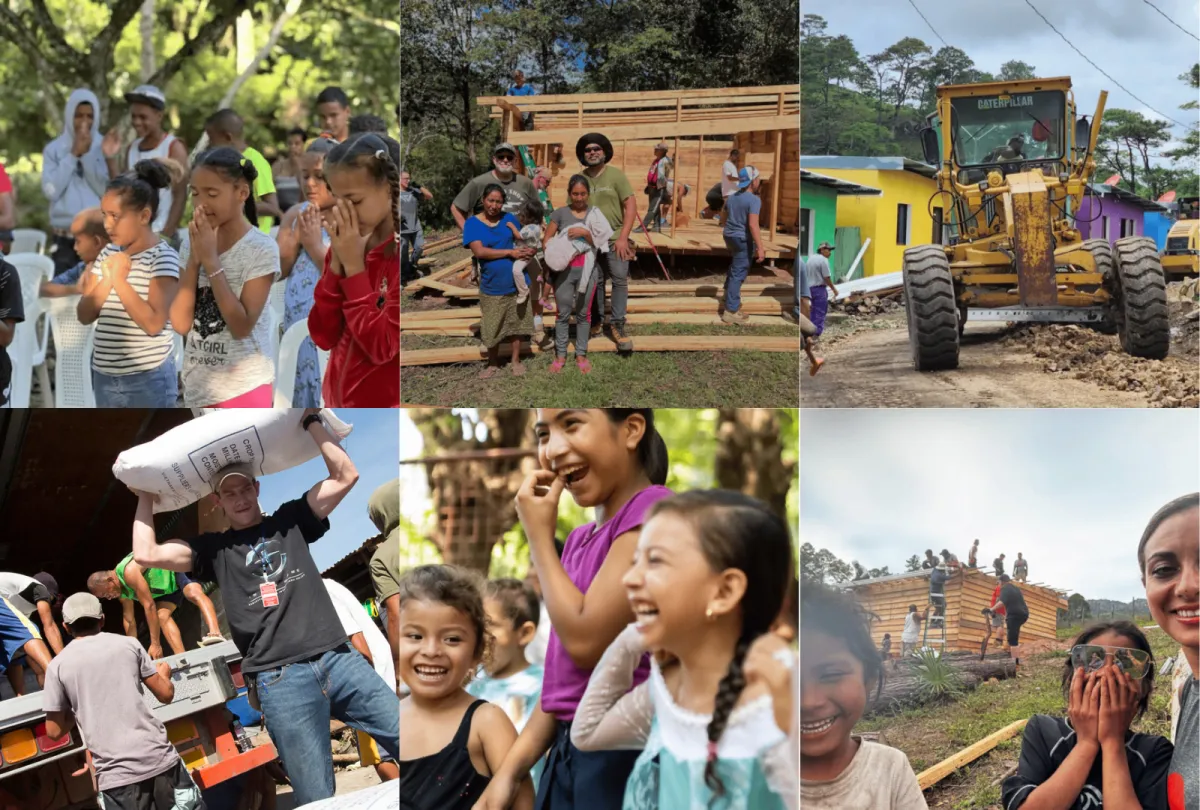 Volunteers building homes, delivering aid, and sharing joy with children and families during humanitarian trips in local and international communities.