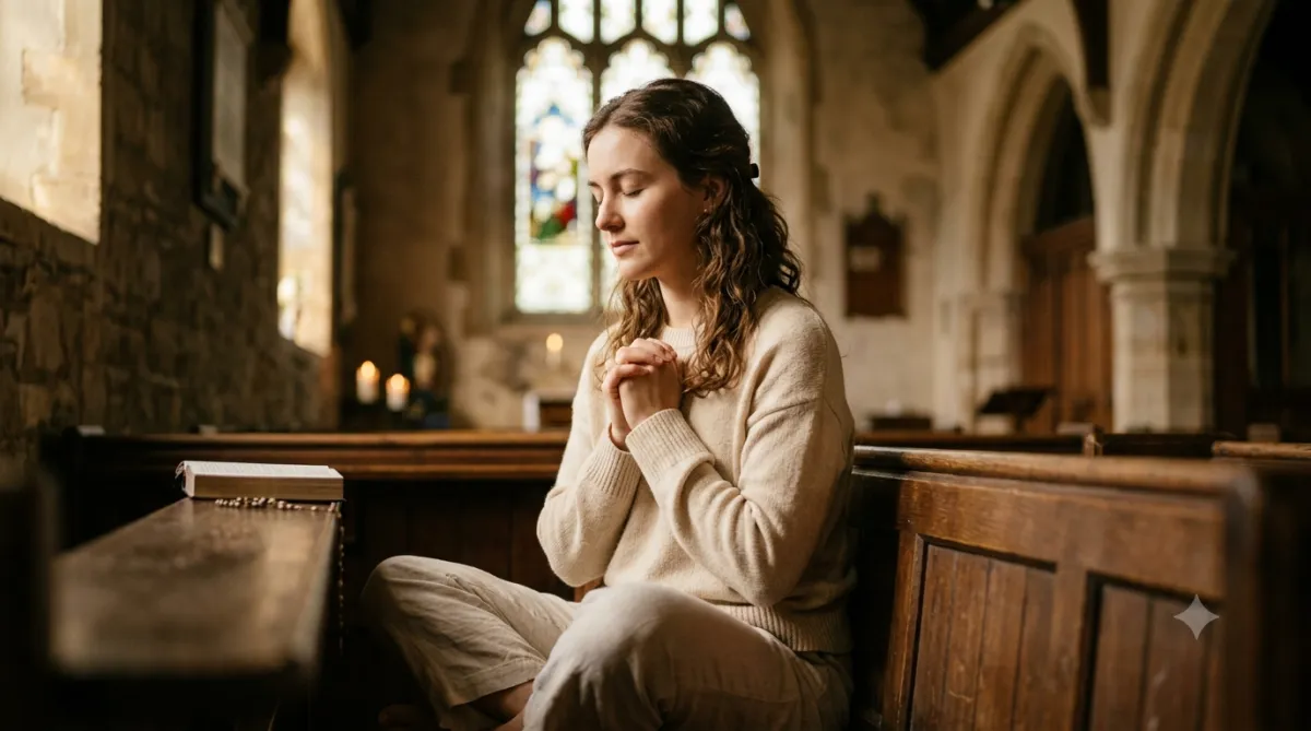 A woman sitting in quiet prayer with her eyes closed, listening for God's voice