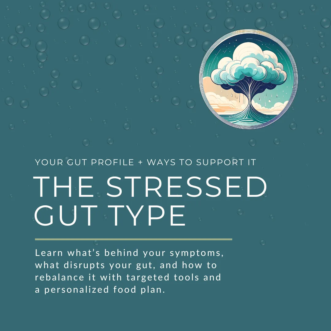 Stressed Gut Type online course cover image with text 'Learn what’s behind your symptoms, gut disruptors, and how to rebalance with targeted tools and personalized plan.