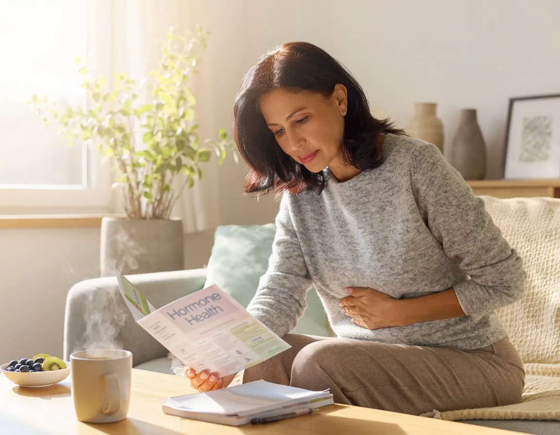 Woman holding her abdomen and reading about hormone health and digestion