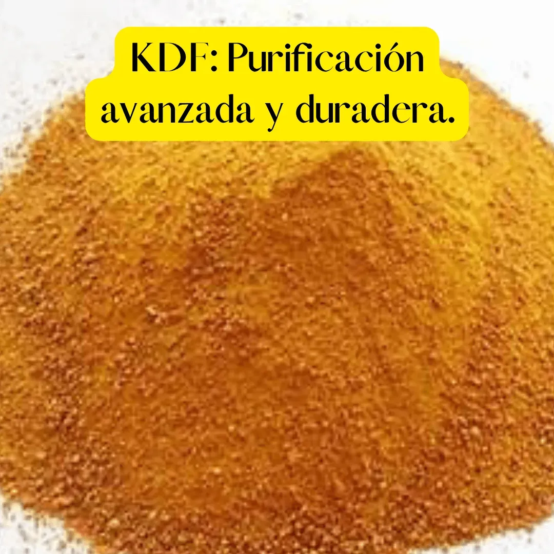 Filtro KDF con gránulos de cobre y zinc para eliminar cloro, metales pesados y bacterias, mejorando la calidad del agua potable en hogares y negocios de Nueva Jersey.