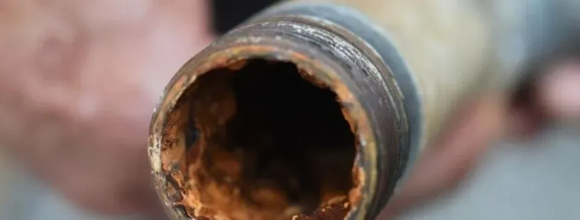 Sedimentación en tuberías mostrando acumulación de óxido y sedimentos, afectando la calidad del agua. Con sistemas de purificación, se eliminan estos contaminantes para agua limpia y segura.