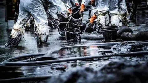 Derrame de petróleo en cuerpos de agua de Nueva Jersey, mostrando a personal con trajes de protección limpiando la zona; representa el impacto ambiental y el riesgo para la calidad del agua potable.