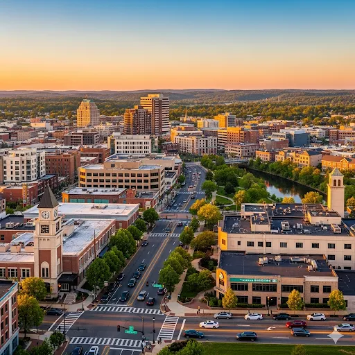 Vista de los barrios residenciales de Garfield, NJ, con la línea del horizonte de Nueva York al fondo, mostrando dónde instalamos nuestros sistemas de purificación.