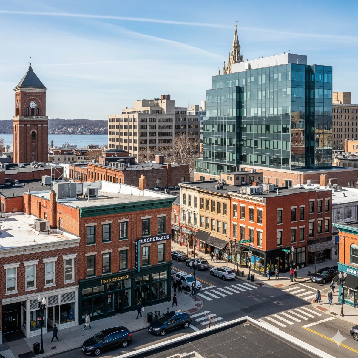 Vista del centro de Dover, NJ, con el río, simbolizando la fuente de agua que purificamos para las familias locales.