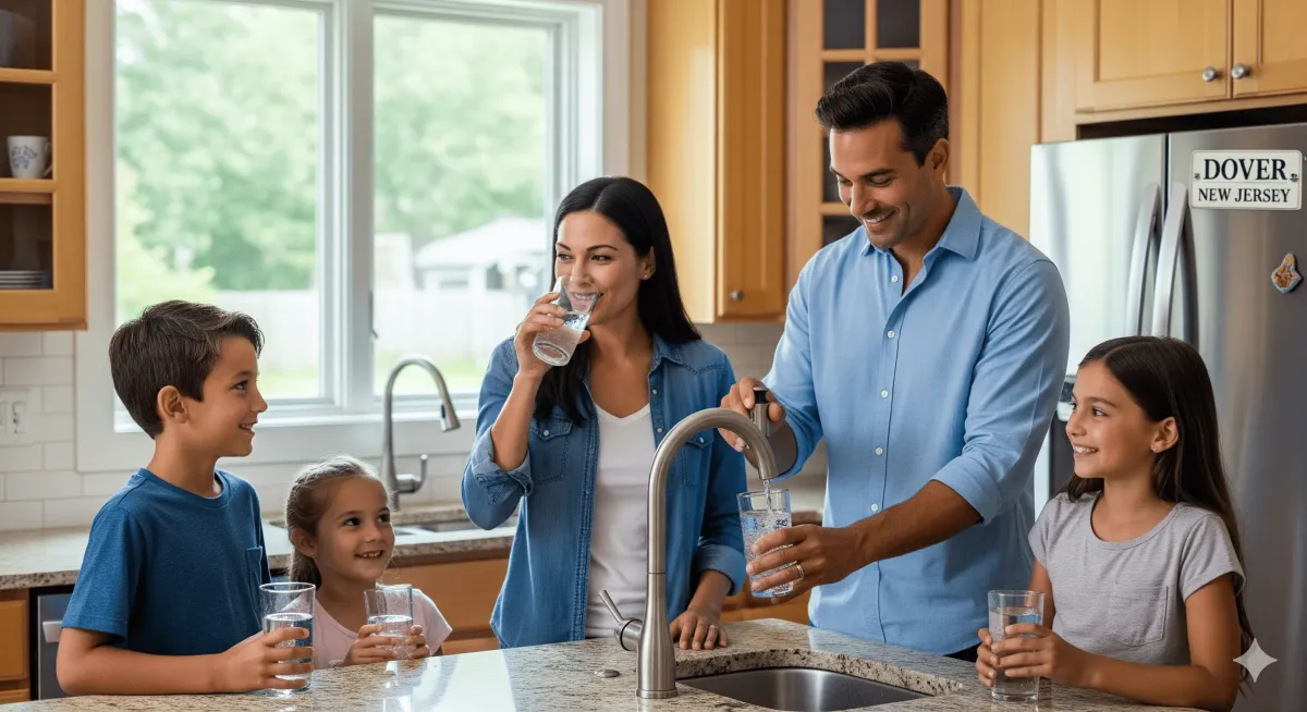 Una familia en una cocina moderna de Dover, NJ, bebiendo agua purificada directamente del grifo.