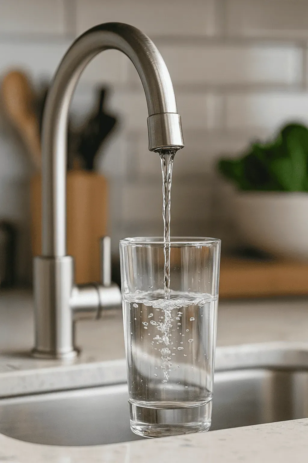Agua purificada fluyendo en vaso de vidrio en cocina moderna de Dover, NJ