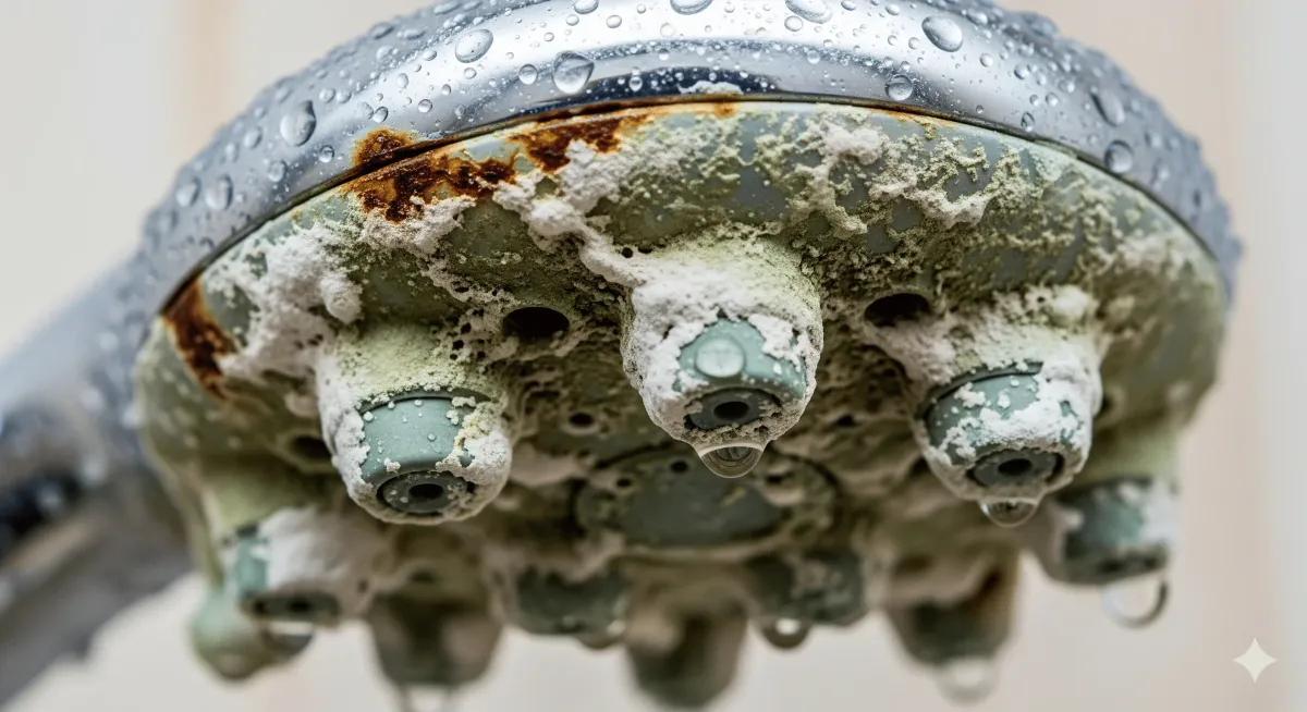 Foto de cerca de los depósitos de minerales en una ducha que muestran problemas de agua dura en Elizabeth.