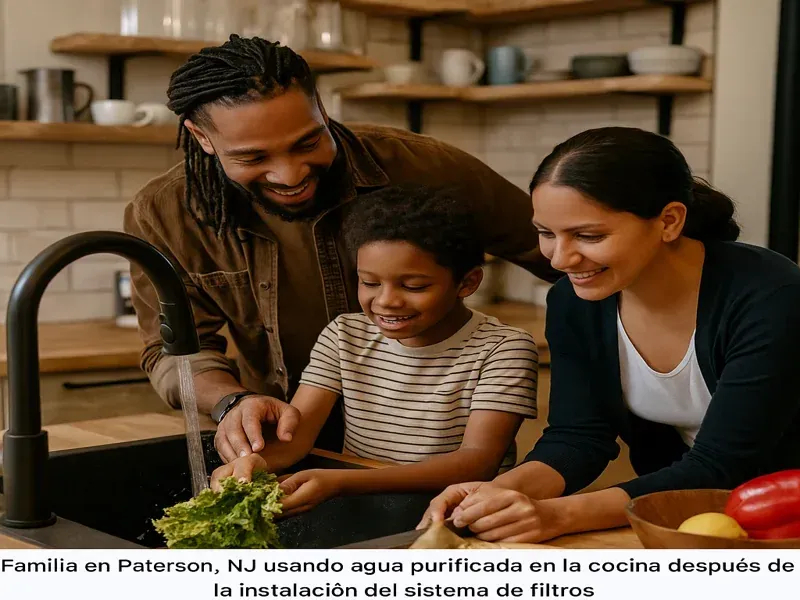 Familia en Paterson, NJ usando agua purificada en la cocina después de la instalación del sistema de filtros