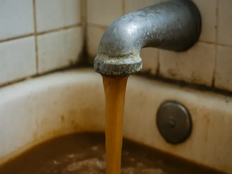 Grifo en Paterson, NJ con agua turbia y signos de contaminación antes de instalar un sistema de purificación