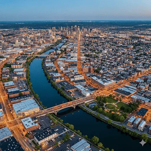 Vista de los barrios residenciales de Garfield, NJ, con la línea del horizonte de Nueva York al fondo, mostrando dónde instalamos nuestros sistemas de purificación.
