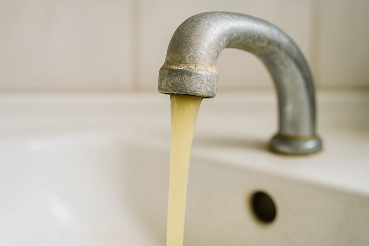 Grifo en Paterson, NJ con agua turbia y signos de contaminación antes de instalar un sistema de purificación