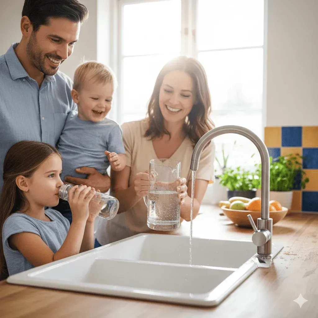 Familia feliz en Passaic bebiendo agua limpia y pura del grifo, gracias a un filtro de agua AquaFeel