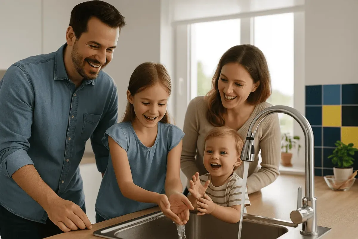 Familia feliz en wayne bebiendo agua limpia y pura del grifo, gracias a un filtro de agua AquaFeel