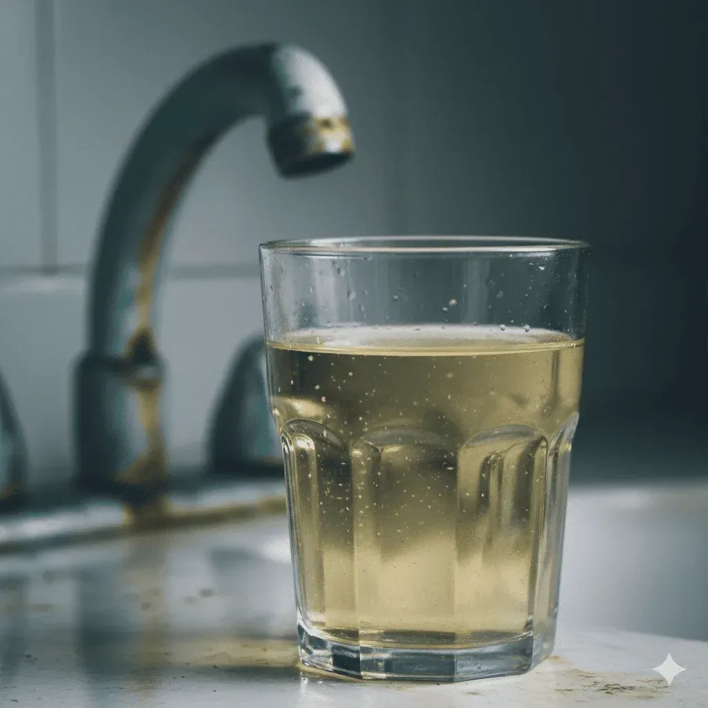 Vaso transparente con agua del grifo contaminada, turbia y con partículas en New Jersey, mostrando la necesidad de un purificador de agua.