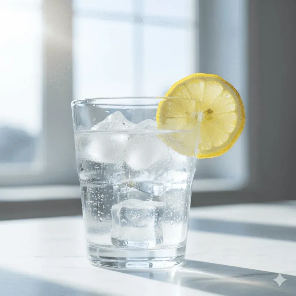 Elegante vaso de agua 100% purificada y cristalina con hielo y limón, resultado de usar un filtro de agua Aquafeel Solutions en New Jersey.