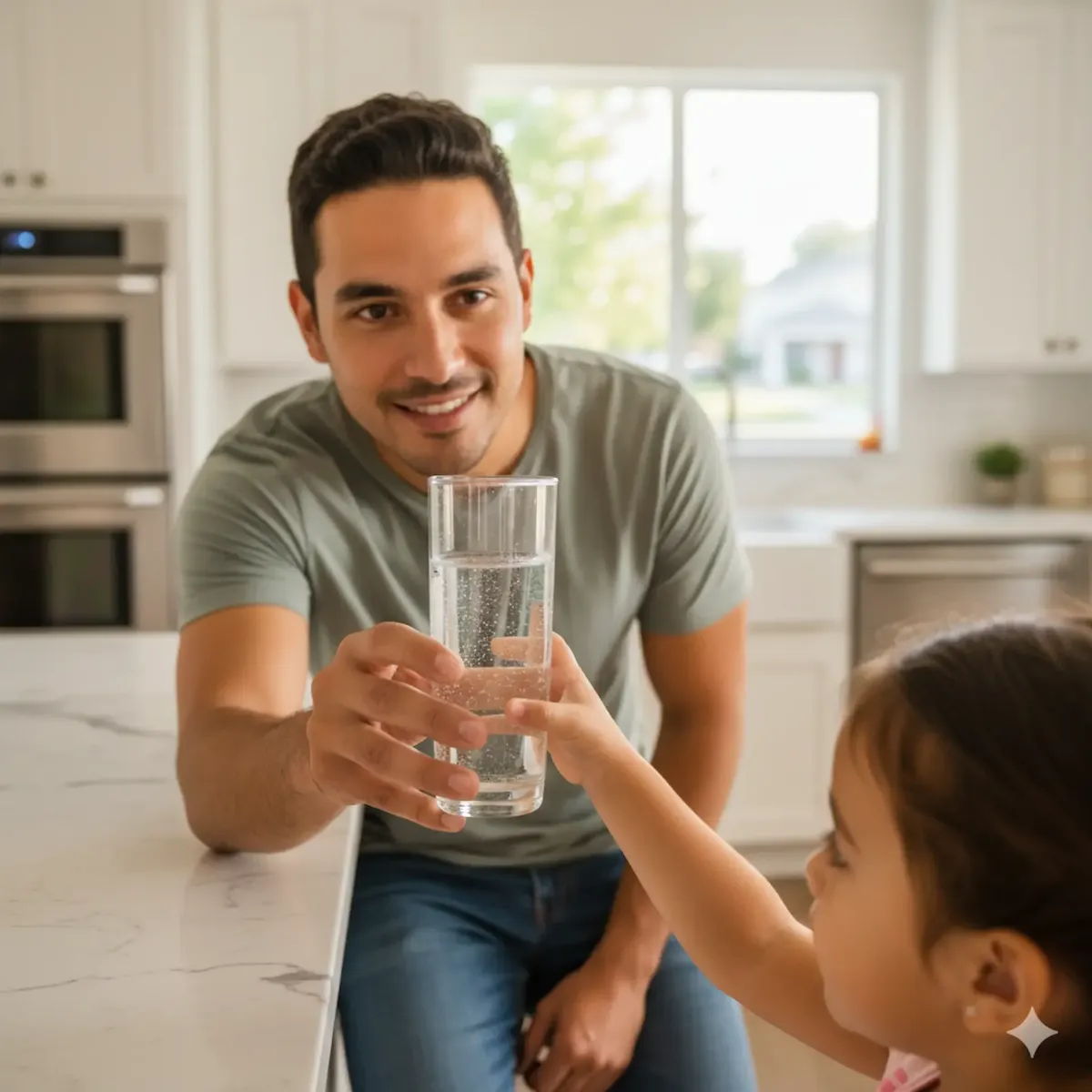 Padre e hija disfrutando de un vaso de agua purificada en casa.