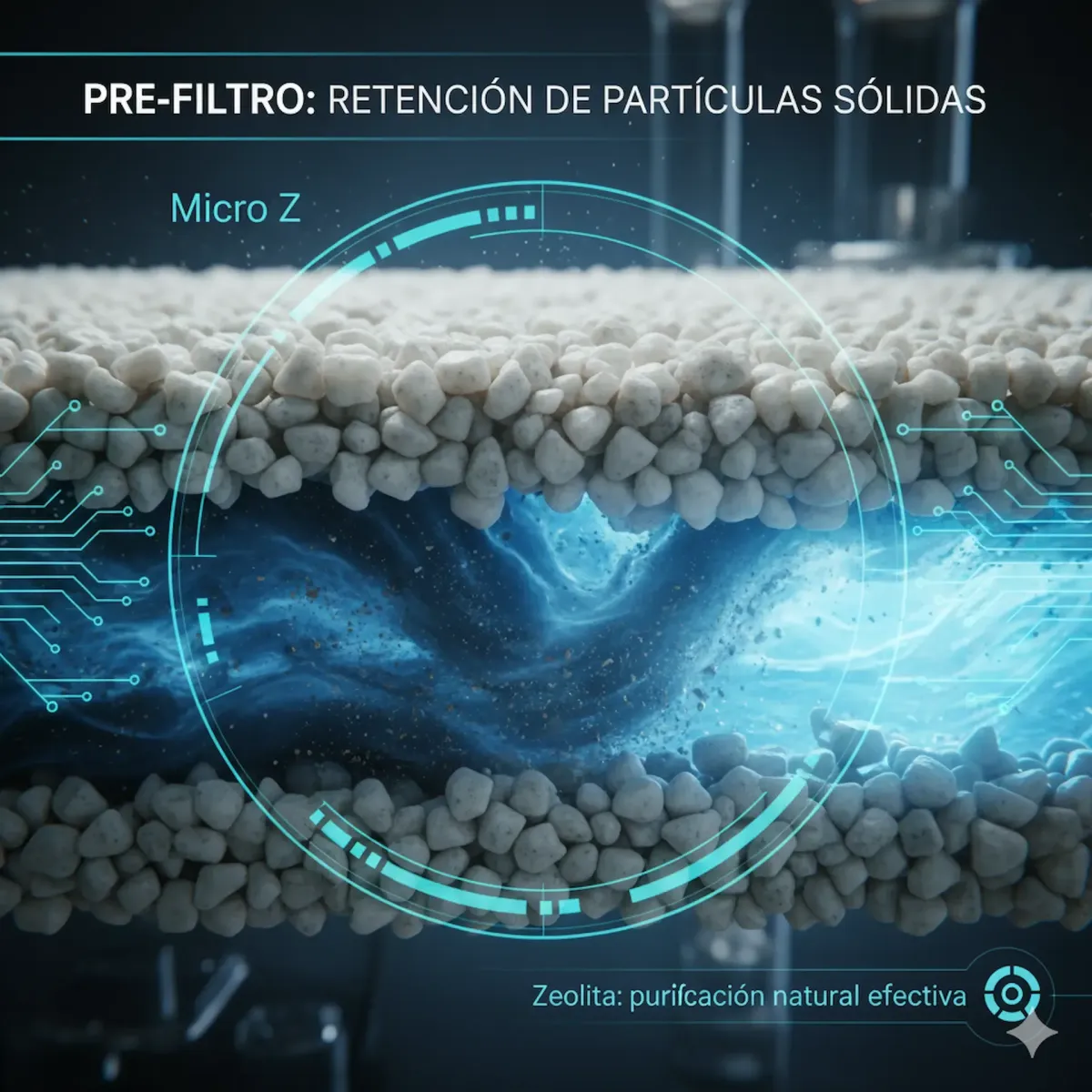 Pre-filtro con medio Micro Z para retención de sólidos como sedimentos, arena y óxido, optimizando la purificación de agua desde la primera etapa del proceso.