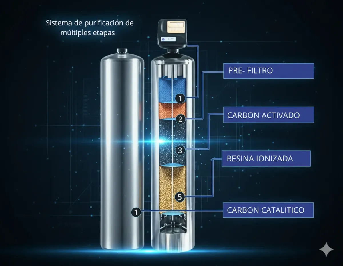 Sistema de purificación multietapas con filtros especializados para una purificación eficiente y agua de mejor calidad.