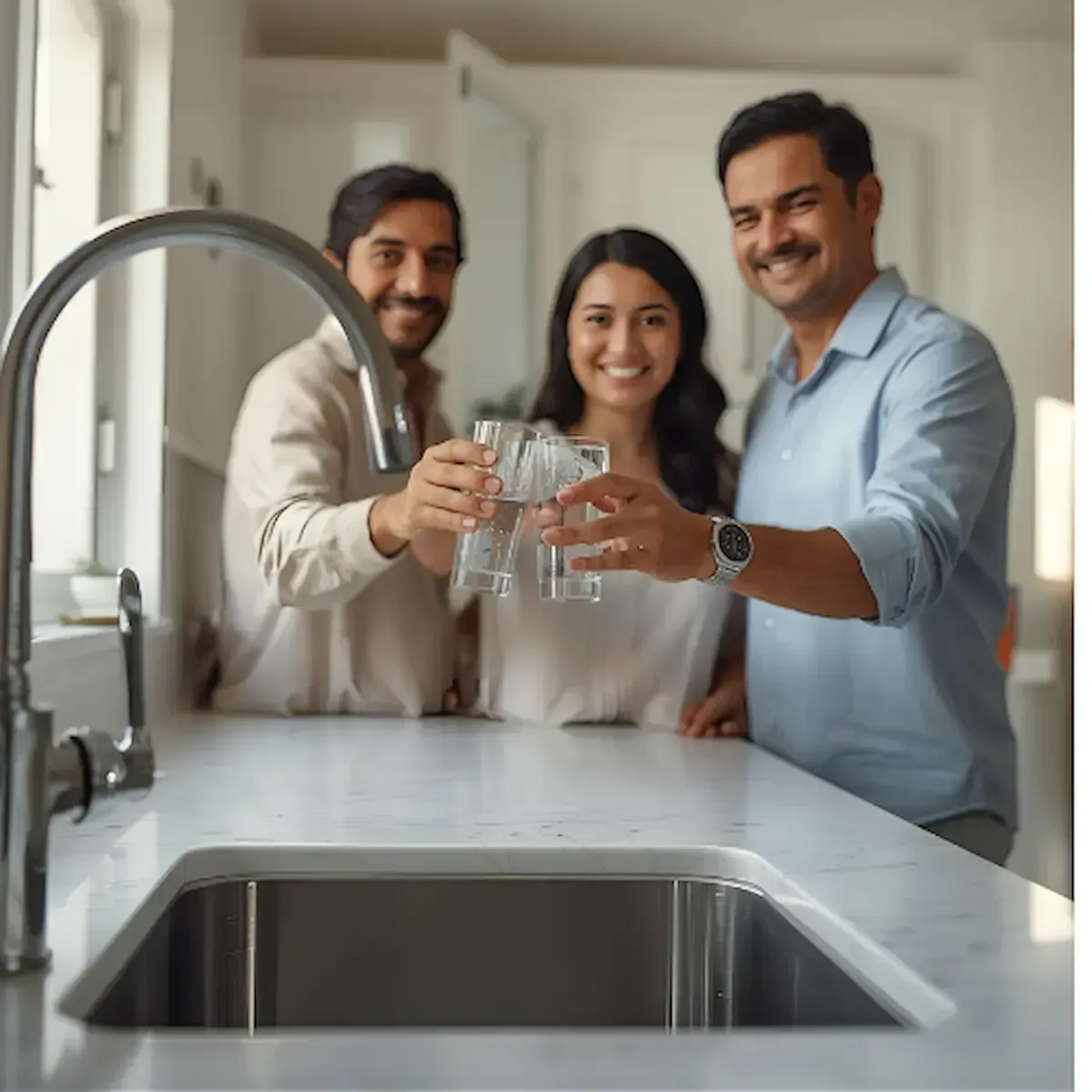 tres personas brindando con agua purificada en la cocina