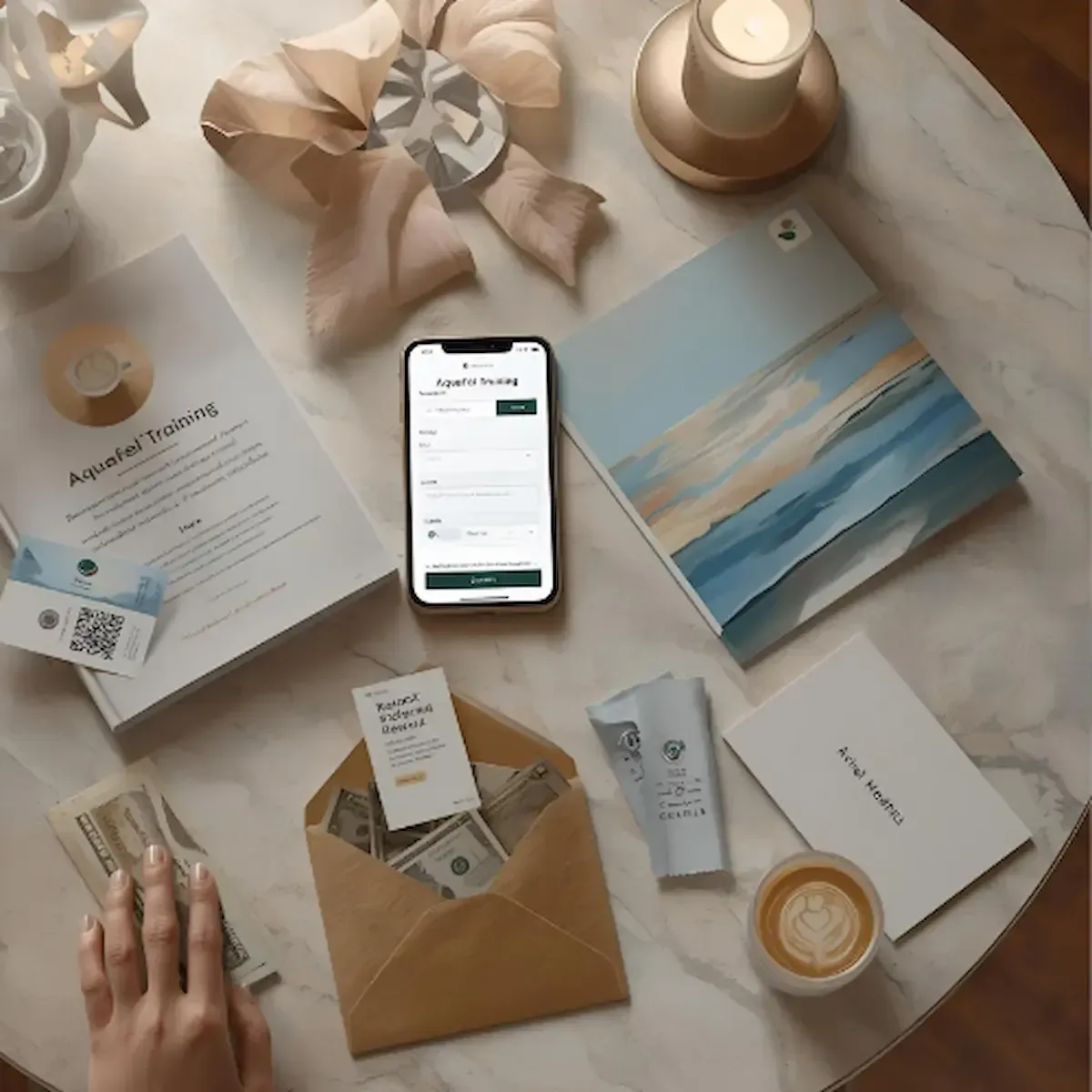 mesa de trabajo en casa con implementos y material publicitario aquafeel nj