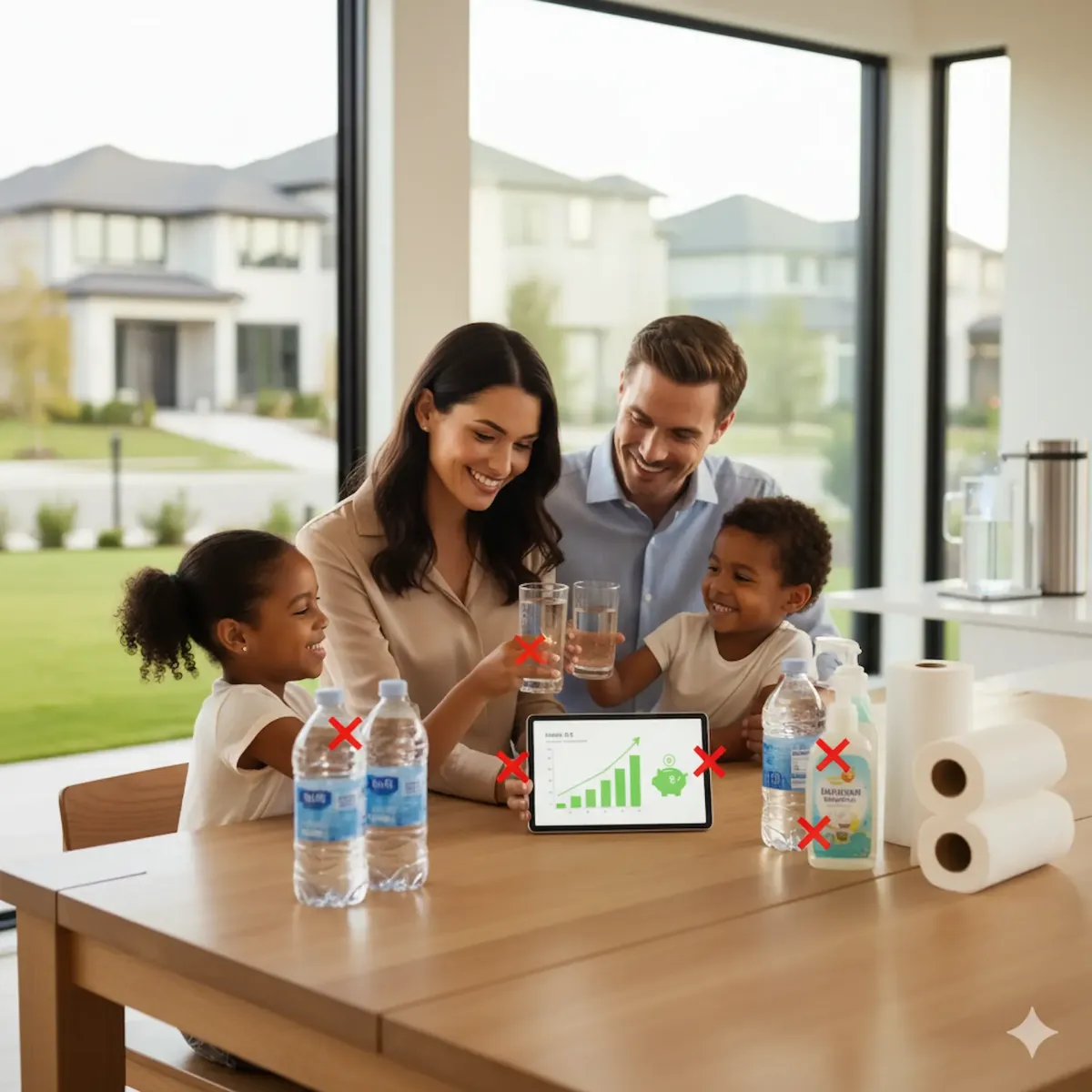 Familia feliz con botellas de plastico que no son buenas parala salud