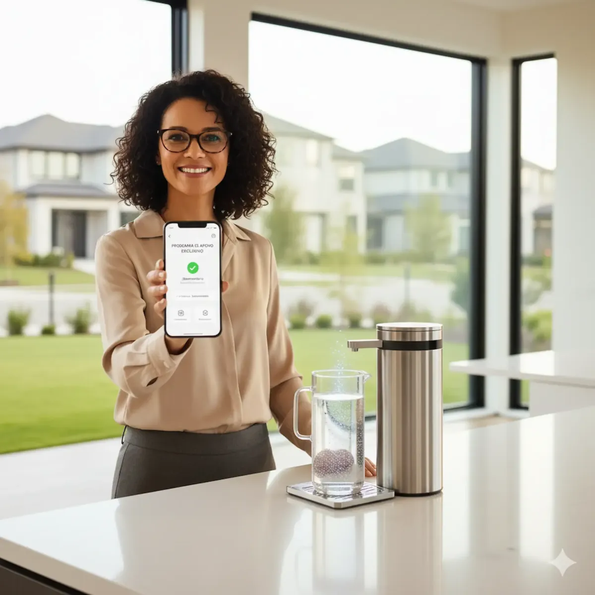 Mujer mostrando su pantalla de celular, ahorro en beneficios