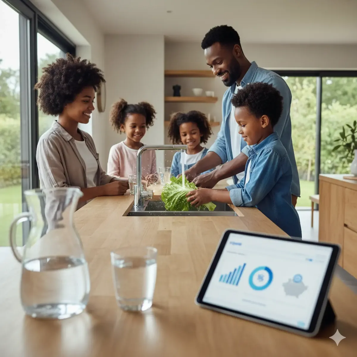 Famlia feliz, en la cocina, lavando alimentos agua puriicada