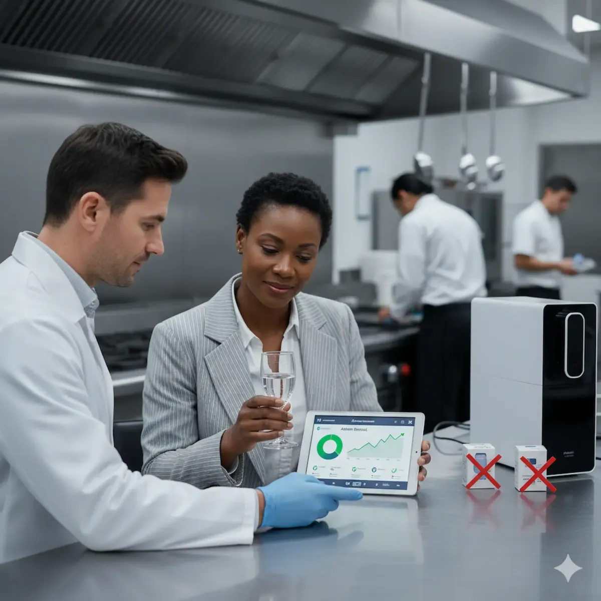 profesional del agua asesorando dueño de negocio en una cocinao