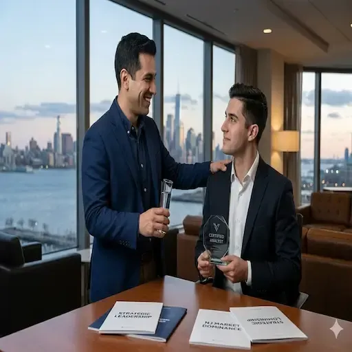 Daniel Ruiz otorgando certificación de Analista a un nuevo líder de ventas en New Jersey, símbolo de carrera y liderazgo élite