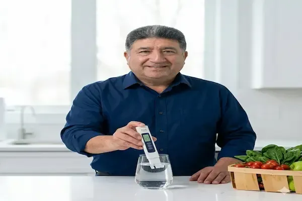 Daniel Ruiz analizando pureza del agua en cocina residencial de New Jersey Aquafeel Solutions