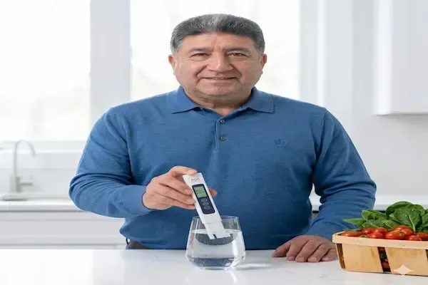 Fotografía de Daniel Ruiz, experto en agua de Aquafeel Solutions en New Jersey, realizando una Auditoría Técnica de Cortesía en una cocina moderna. Sostiene un medidor TDS digital que muestra una lectura baja de "005 TDS" en un vaso de agua cristalina, junto a vegetales frescos y orgánicos. Viste un polo azul marino elegante con un sutil logotipo. Fondo desenfocado con un sistema de purificación Aquafeel bajo el fregadero. Estilo visual limpio y minimalista.