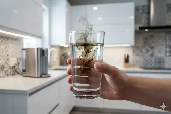 Fotografía conceptual que muestra la separación de cloramina química del agua potable en un vaso, en un hogar de New Jersey. Imagen representativa de la guía técnica de salud sobre cloramina 2026 de Aquafeel Solutions NJ.