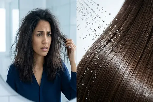 Impacto del agua clorada en el cabello. Imagen dividida que muestra el contraste entre el cabello encrespado y el cabello sano y brillante después de un lavado purificante en NJ.