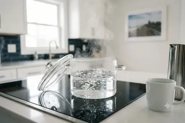 Primer plano de agua hirviendo en una olla de vidrio transparente sobre una placa de inducción en una cocina moderna de Nueva Jersey, con una taza blanca y una jarra de acero inoxidable al lado. Esta imagen ilustra los pasos a seguir durante un aviso de hervir agua.
