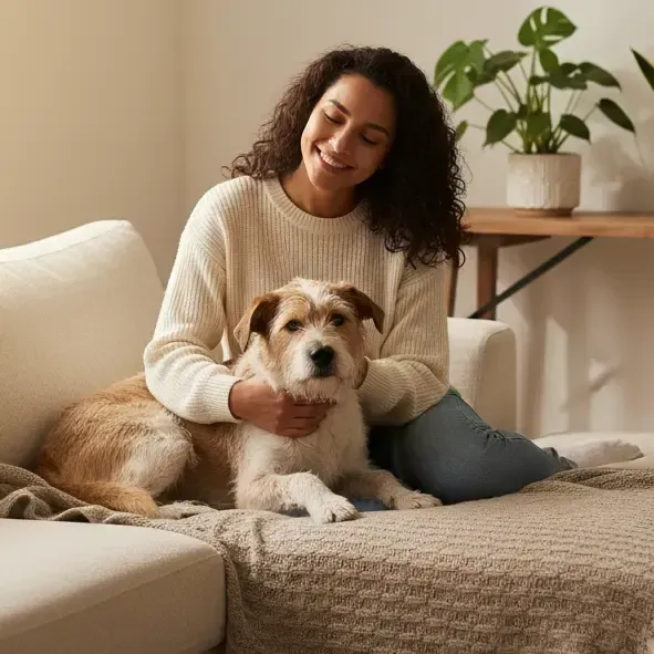 Smiling pet parent cuddling a relaxed dog on the couch