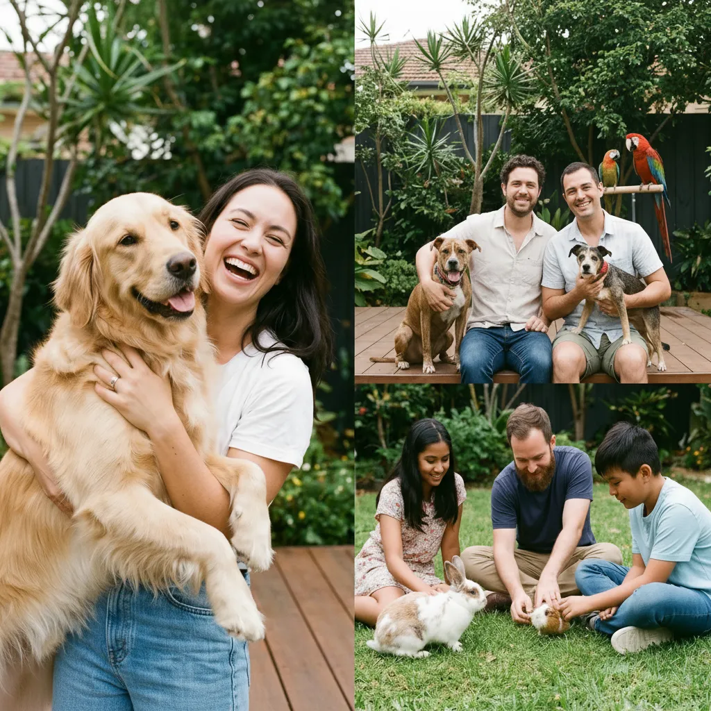 Pet parent sitting on the floor with a cat and dog, both relaxed and connected