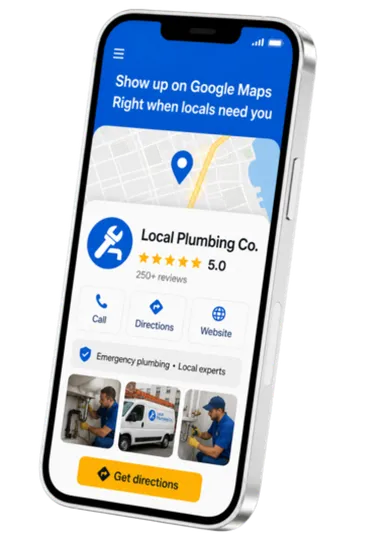 Smartphone showing Google Business Profile for Meridian Plumbing (UK) with a 5-star rating and transparent phone background