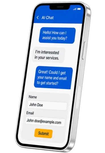 AI chat assistant phone mockup capturing leads 24/7