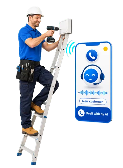 Tradesman actively answering phone at job site, representing never missing a lead.