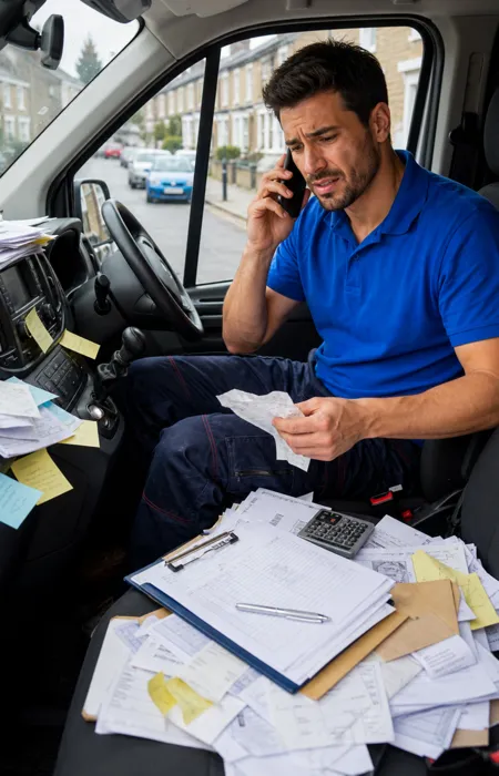 Professional tradesperson looking stressed with paperwork