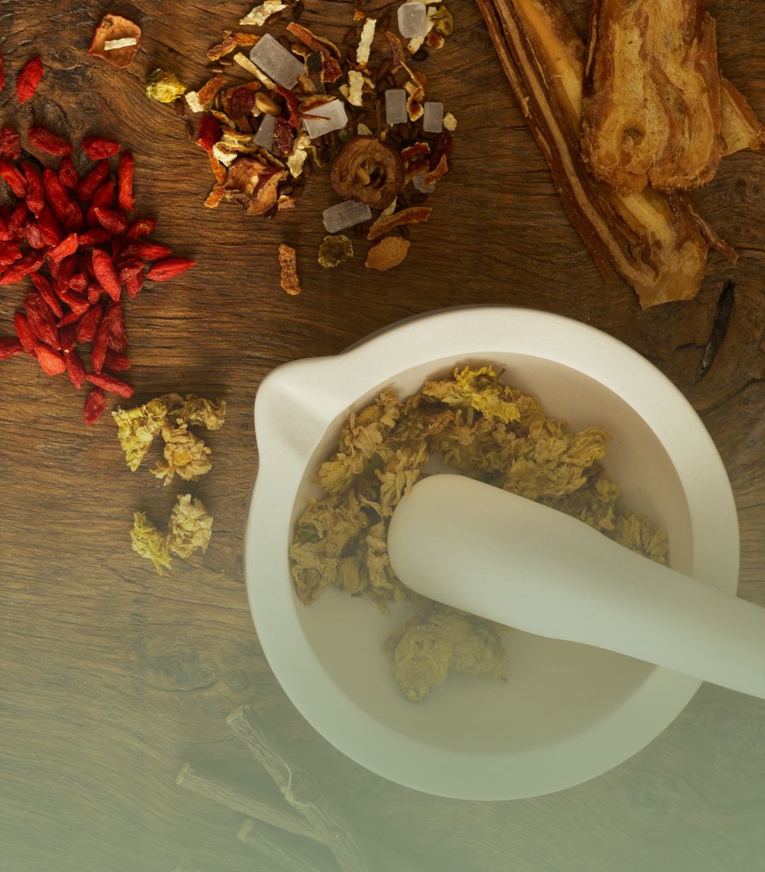 herbs with mortar and pestle