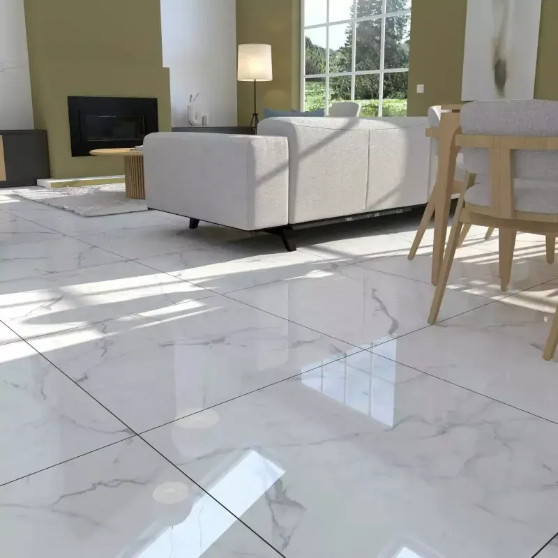 Polished marble-effect stone floor in living area by Cornwall Floorcare