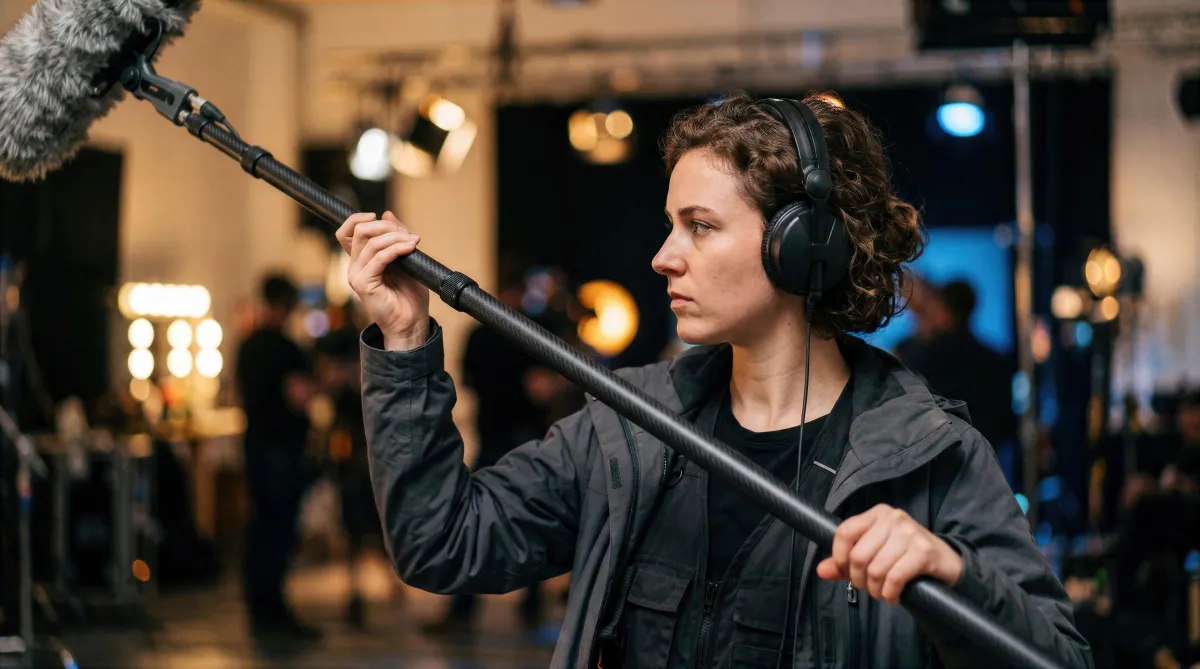 Audio Technician Woman Holding Bom Pole Mic