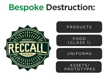 bespoke, custom confidential and secure shredding solutions. Products destruction, food recall (class 1 one category) safe disposal, landfill disposal and verification, 3rd party food destruction services, uniforms destruction, assets, prototypes, marketing materials shredding