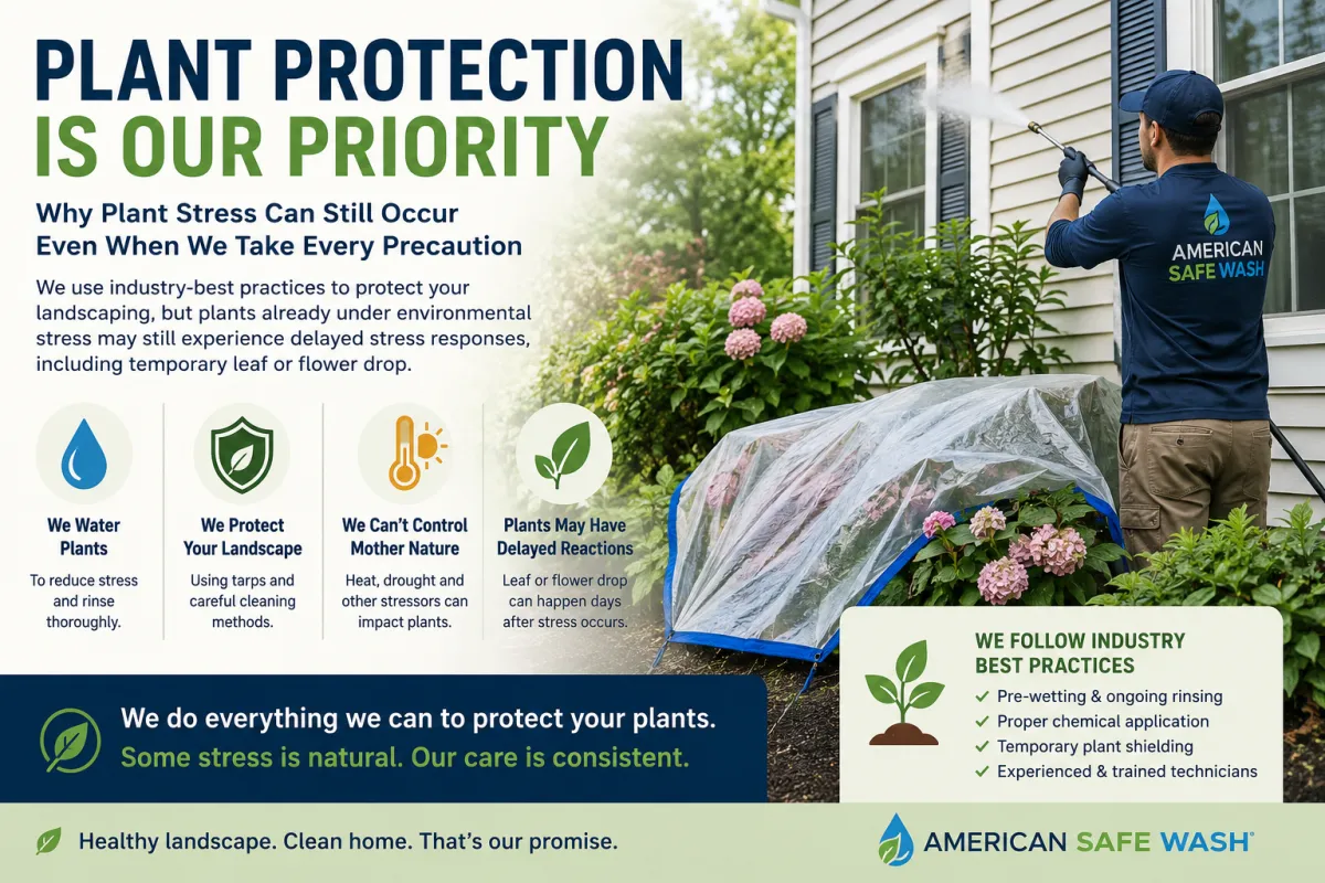 Professional house washing technician protecting landscaping with temporary plant covering while cleaning a home's exterior, demonstrating industry best practices for plant protection during exterior cleaning.