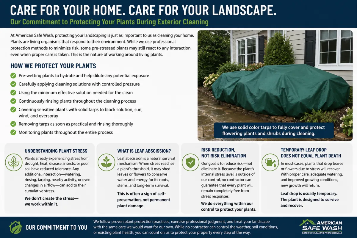 Professional plant protection infographic showing flowering shrubs covered with a solid tarp during house washing, explaining plant stress, leaf abscission, and industry best practices for protecting landscaping during exterior cleaning.