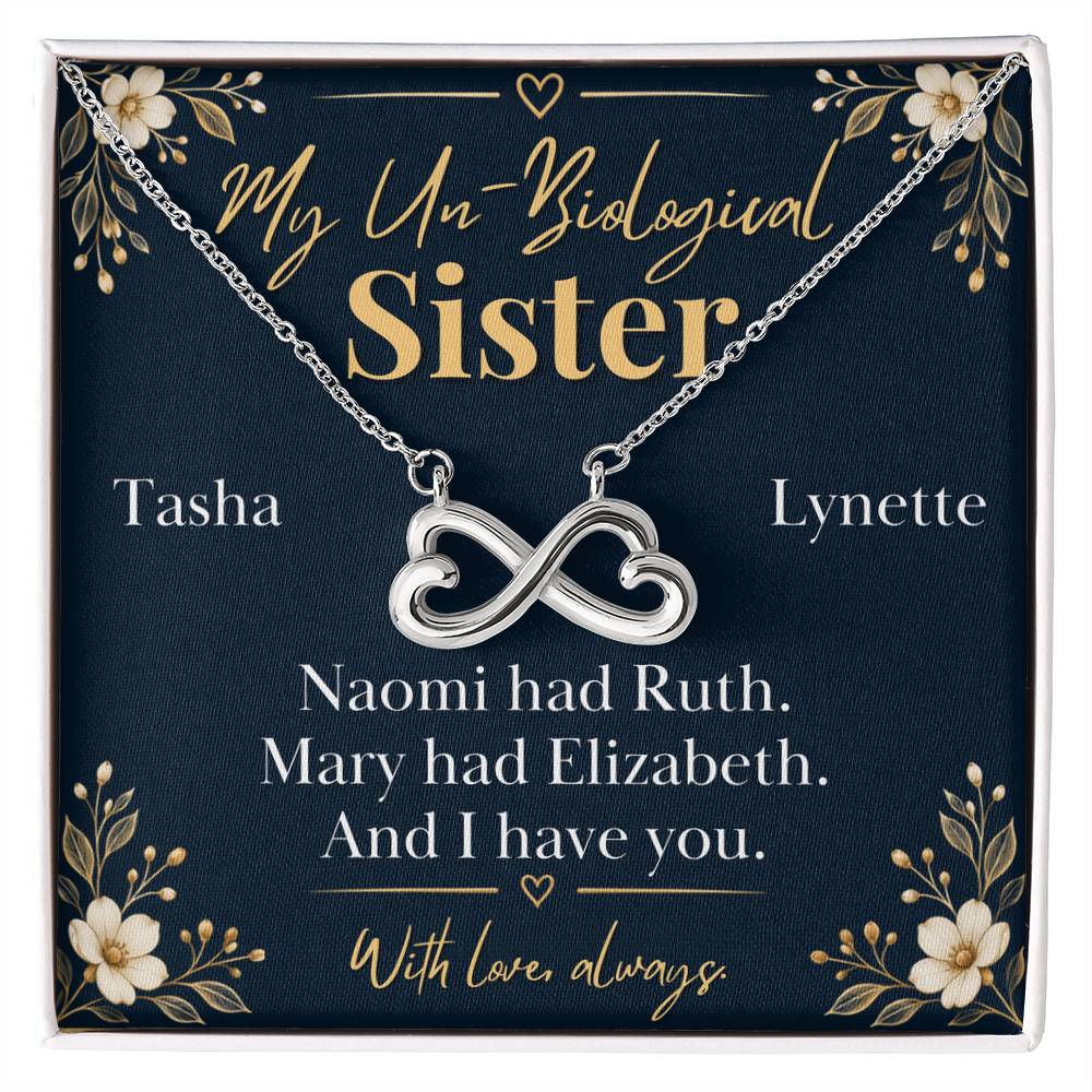 Heart shaped infinity pendant inside luxury mahogany gift box with custom soul sister devotional card