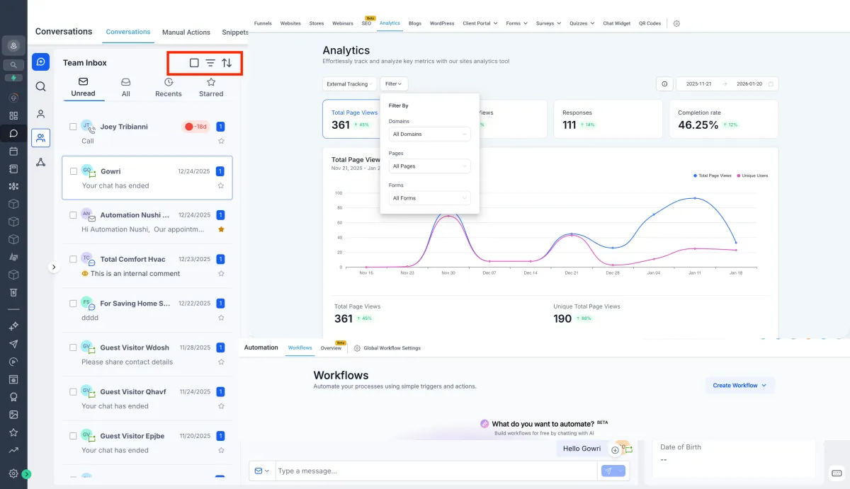 Automated sales funnel builder for small businesses featuring native SMS and email follow-up sequences.